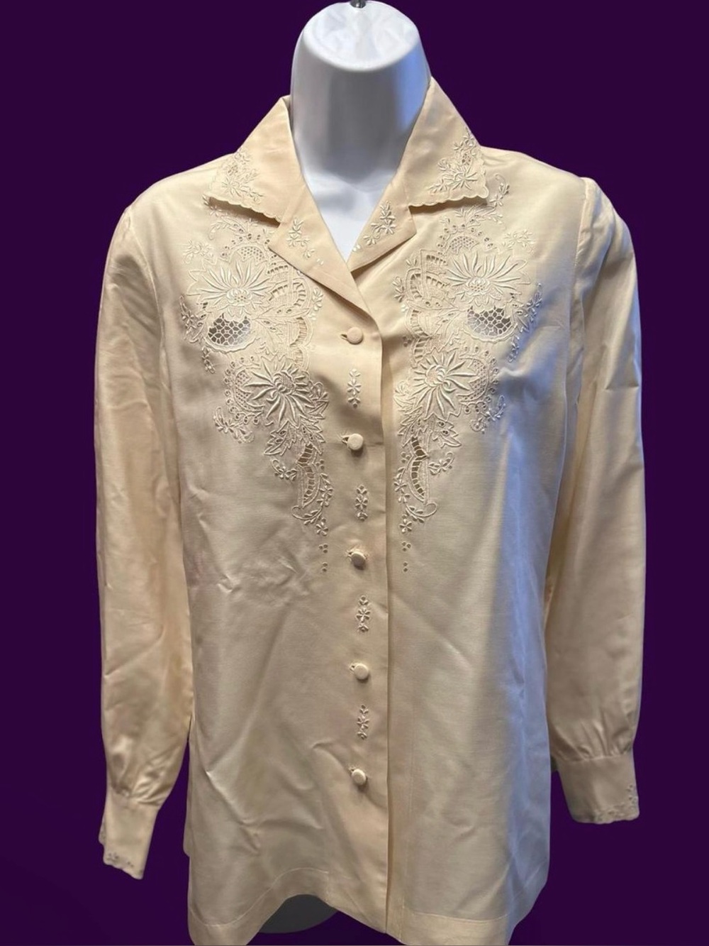 Vintage 1970’s off white, gorgeous 100% silk hand embroidered button-up blouse